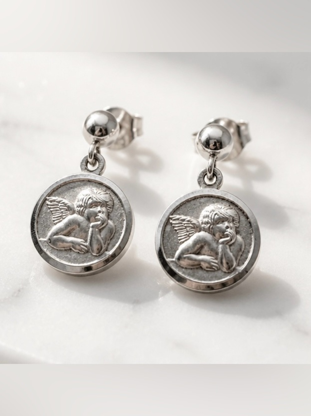 Sterling Silver  Angel Cherub Drop Stud Earrings